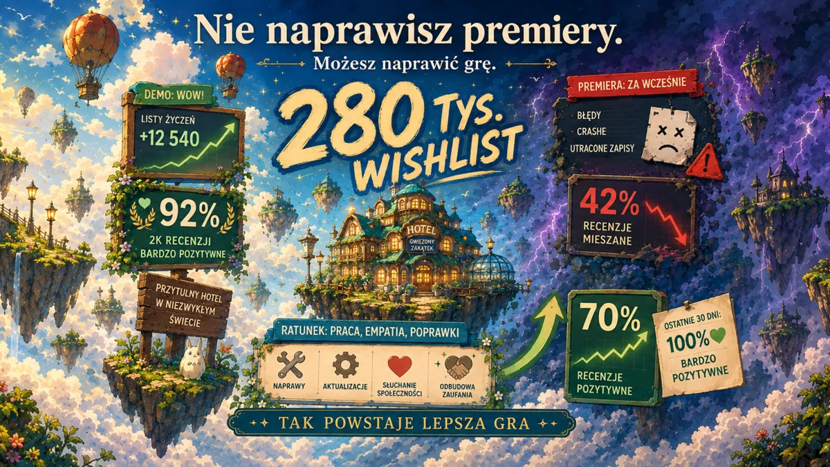 Ilustracja w stylu Hotel Galactic — kosmiczny hotel na latającej wyspie, po lewej tabliczki z sukcesami demo (92%, 280 tys. wishlist), po prawej burza z błędami i spadkiem ocen do 42%, na dole ratunek: naprawy, aktualizacje, odbudowa zaufania, recenzje wracają do 70%