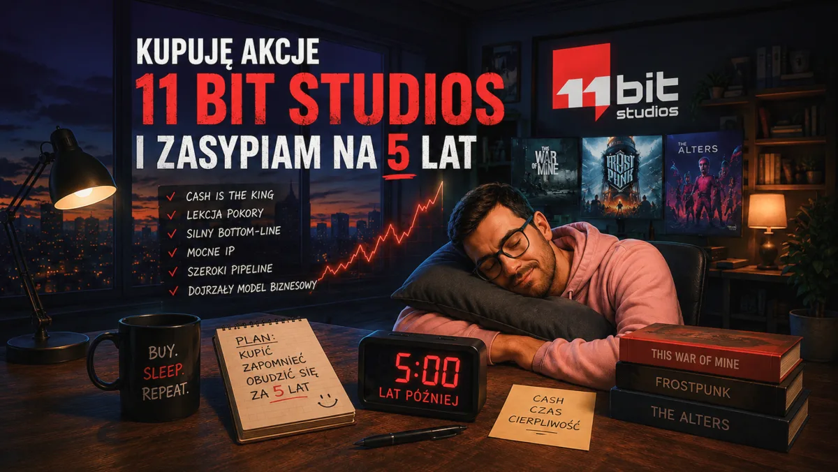 Ilustracja — Krzysztof śpi przy biurku, obok kubek Buy Sleep Repeat, notatnik z planem na 5 lat, budzik 5:00 lat później, na ekranach This War of Mine, Frostpunk i The Alters, na szybie wykres giełdowy i lista: cash is the king, lekcja pokory, silny bottom-line, mocne IP, szeroki pipeline, dojrzały model biznesowy